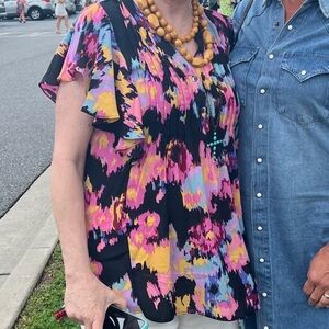 Colorful Abstract Women's Blouse with Ruffle Sleeves